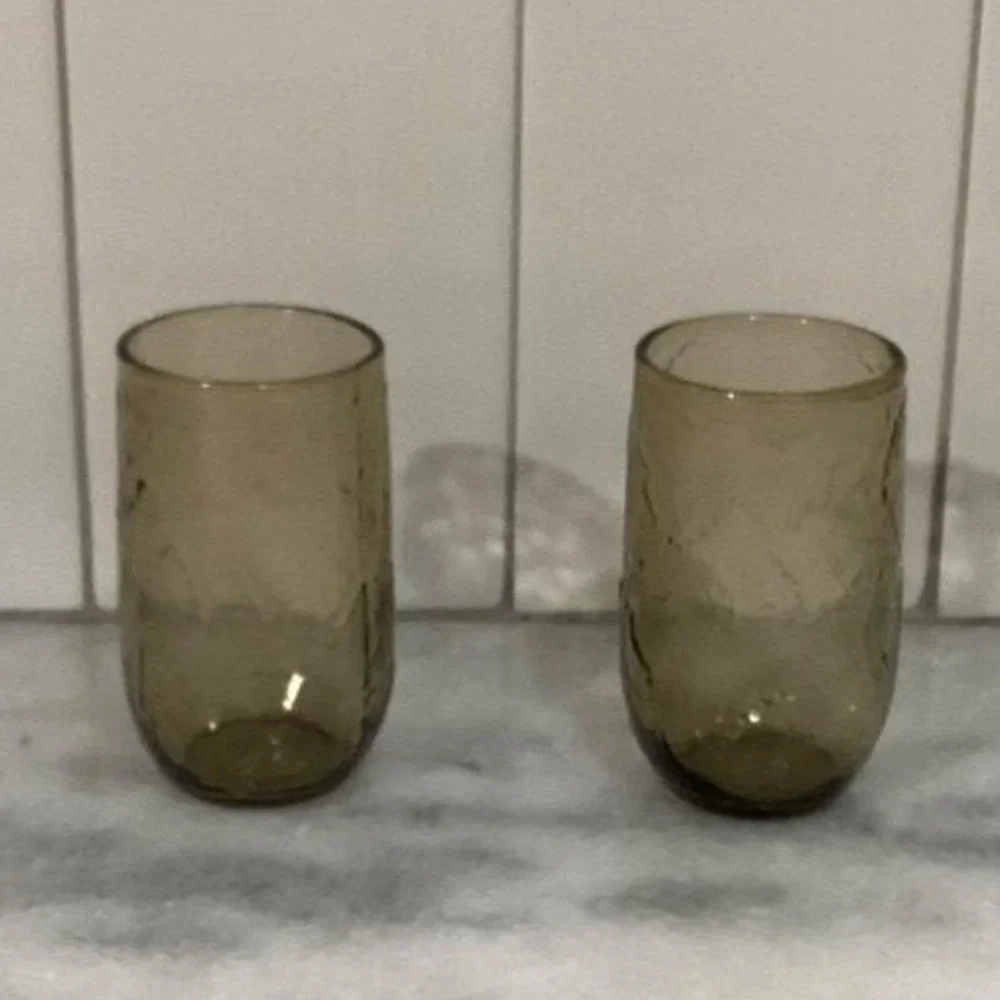 Anchor Hocking Sherwood Spicy Brown Glass Shooters, Set of 2 Vintage Leaf Design